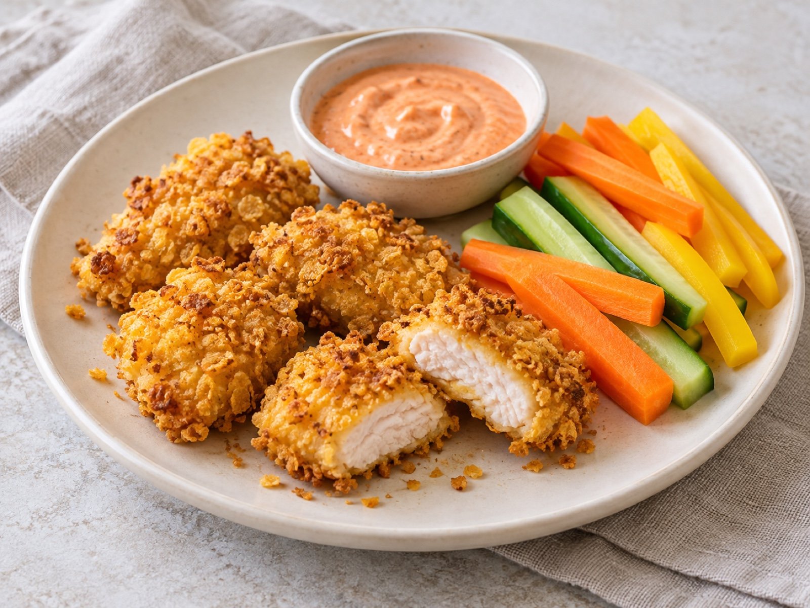 Bunte Hähnchen-Nuggets mit Maisflocken-Kruste und Paprika-Dip