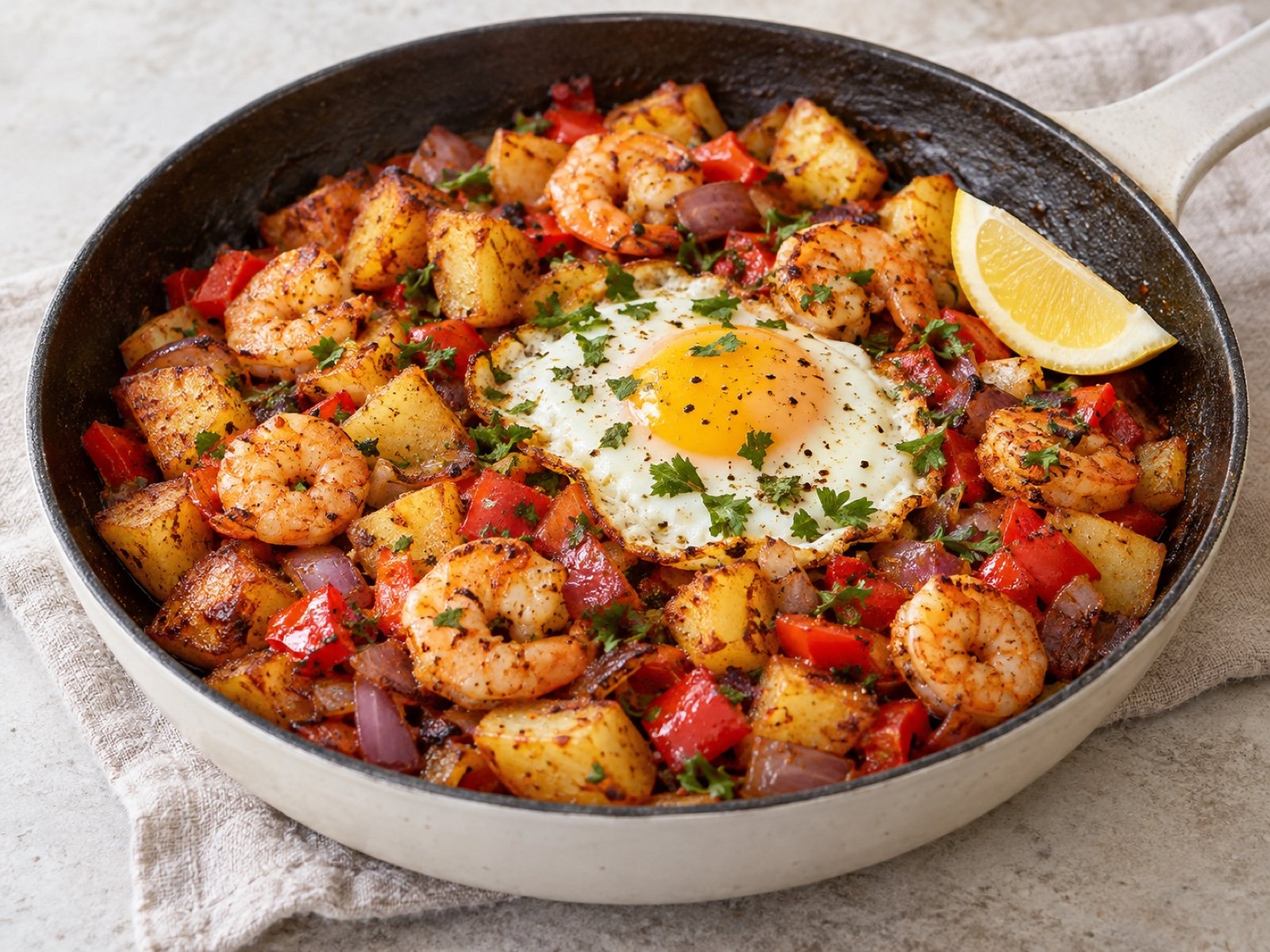 Garnelen-Kartoffel-Pfanne mit Paprika und Spiegelei