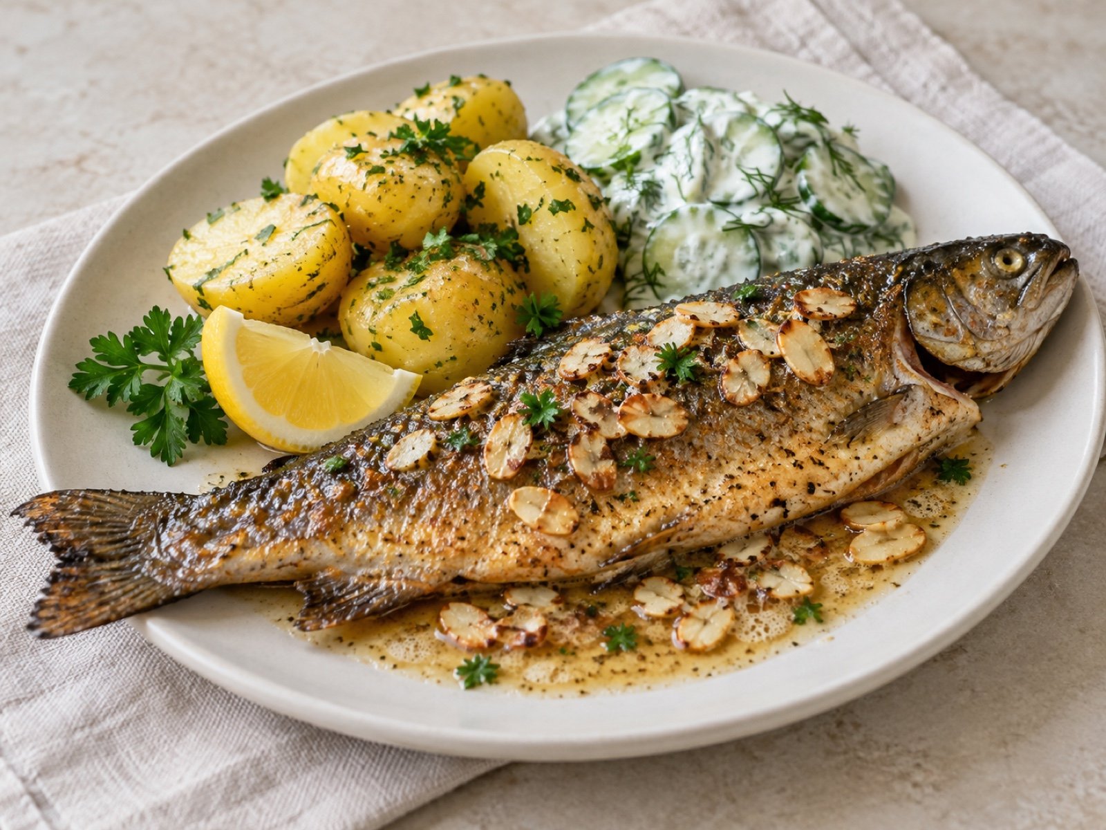 Forelle Müllerin Art mit Zitronenkartoffeln und Gurkensalat