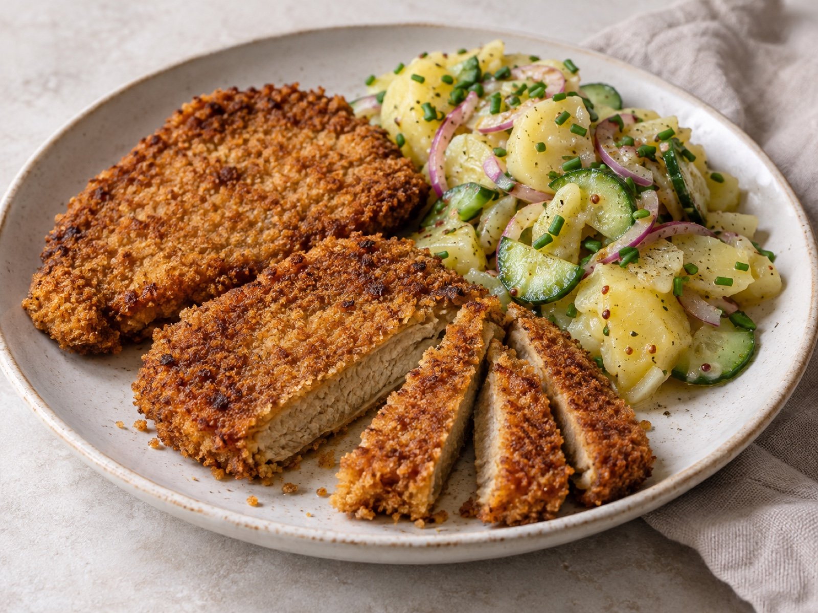Knusprige Seitan-Schnitzel mit Kartoffelsalat