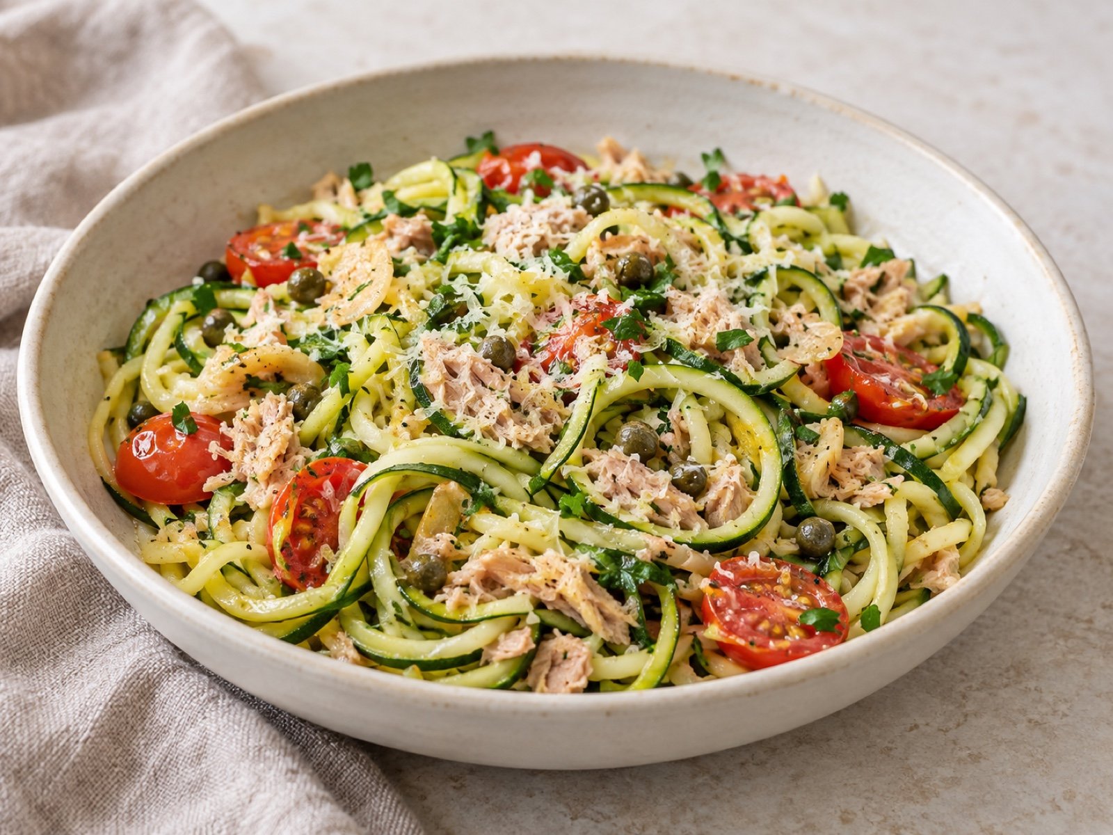 Zucchini-Spaghetti mit Thunfisch, Kirschtomaten und Kapern