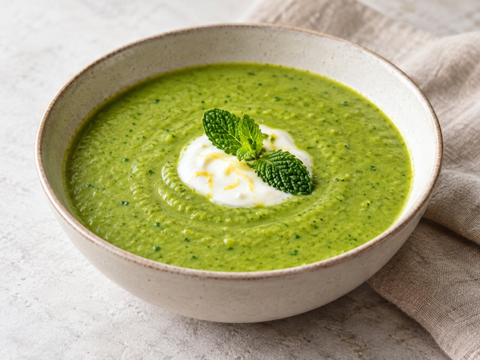 Kalte Erbsen-Minz-Suppe mit Zitronen-Joghurt