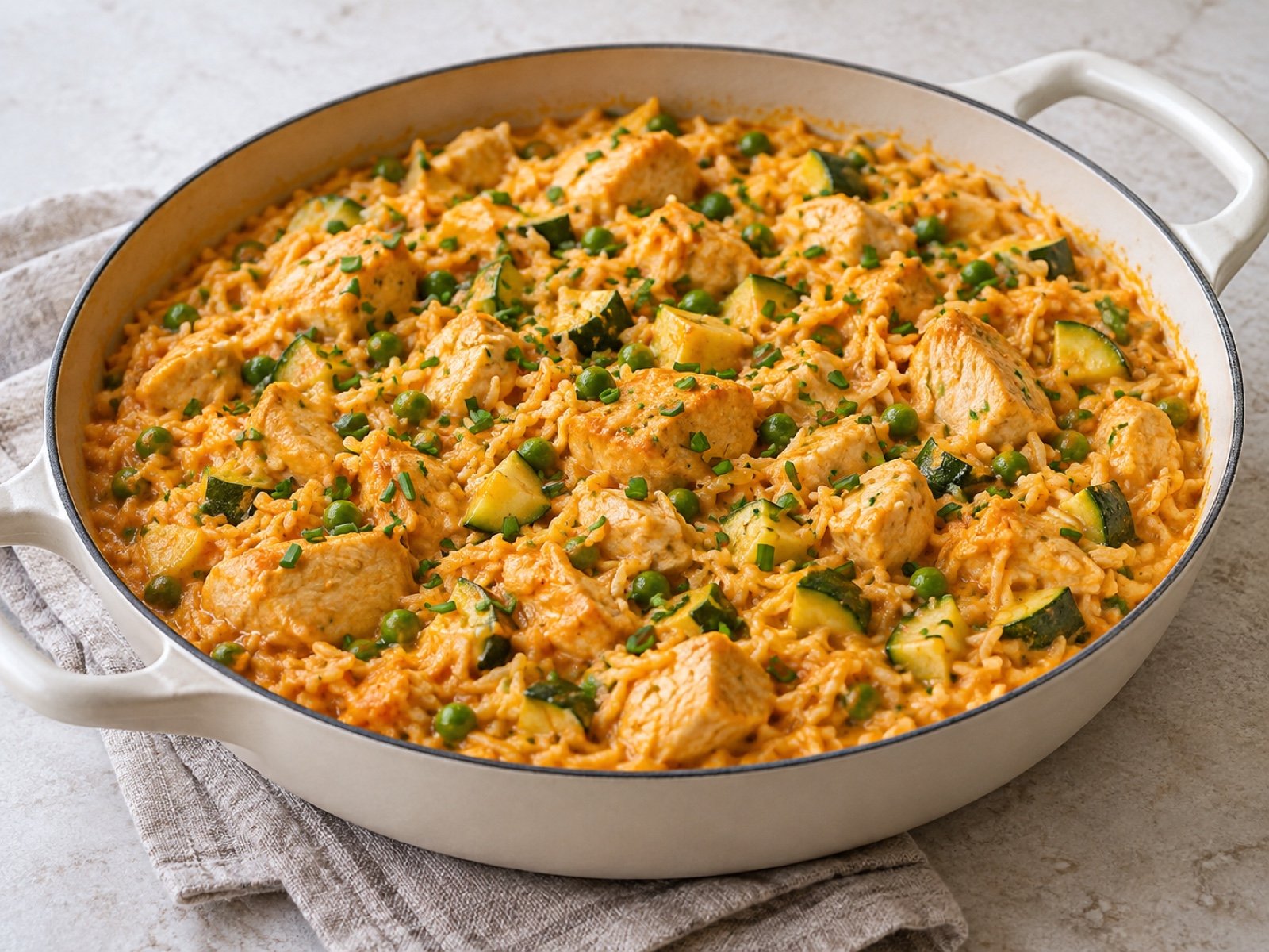 Bunte Hähnchen-Reispfanne mit verstecktem Kürbis-Paprika-Sauce