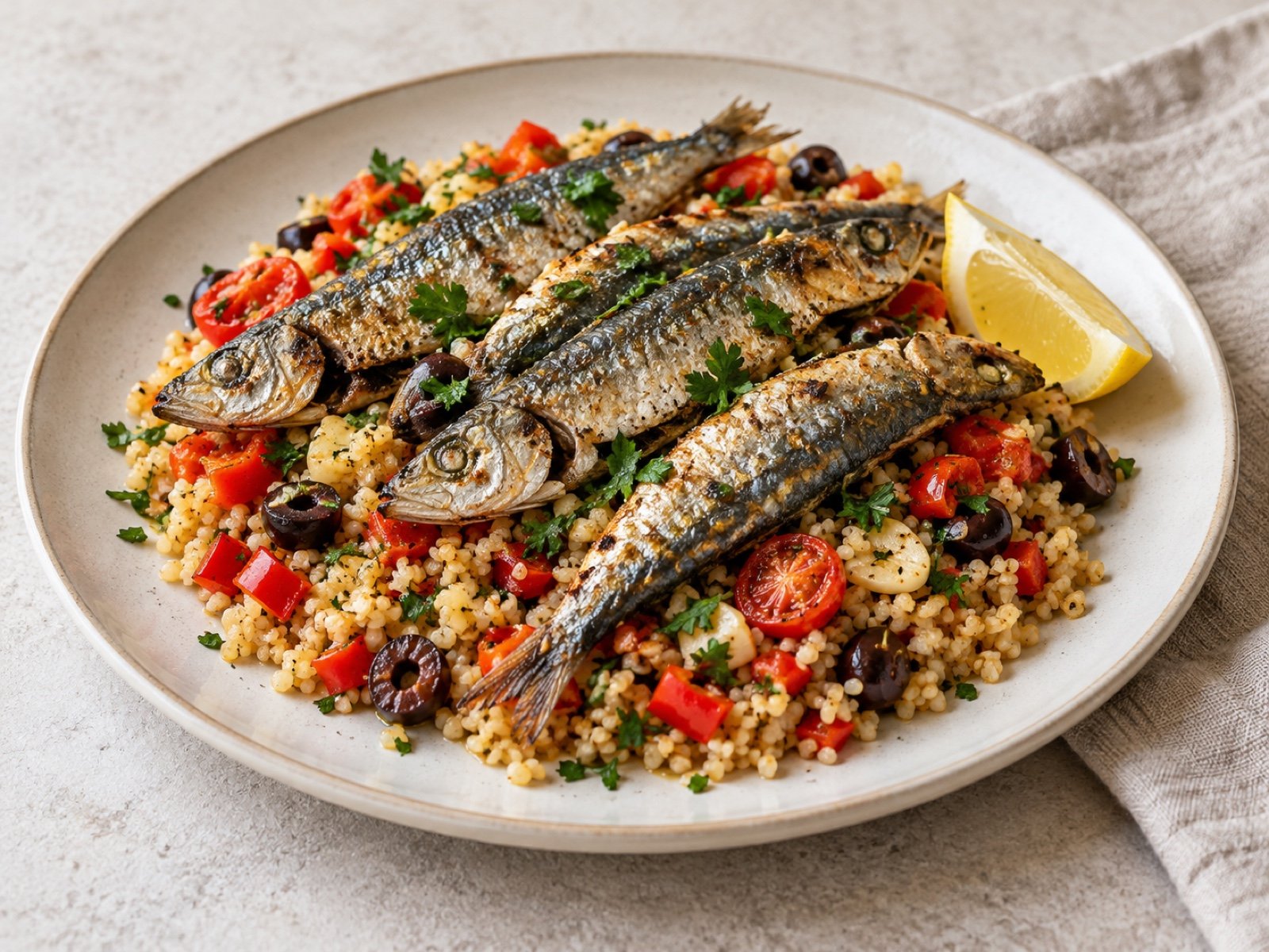 Knusprige Sardinen mit Zitronen-Bulgur, Paprika und Kirschtomaten
