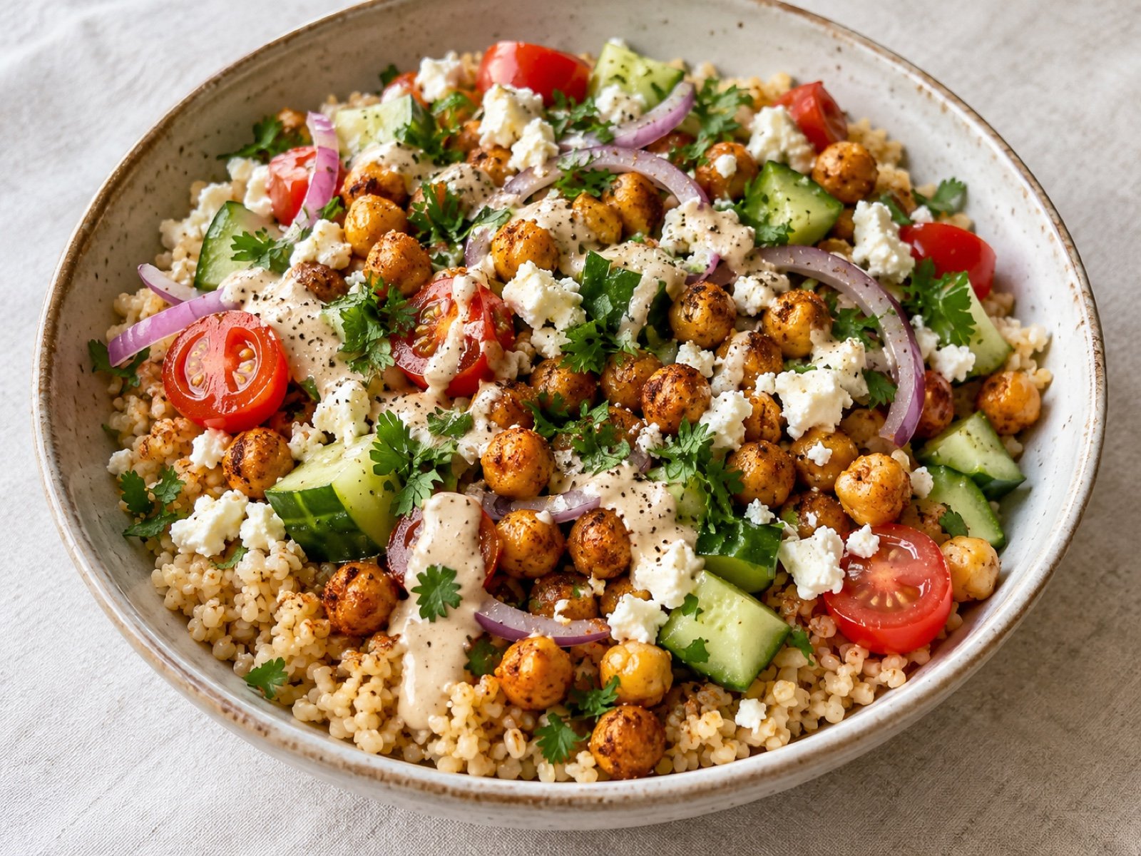Bulgur-Bowl mit würzigen Kichererbsen und Zitronen-Tahini