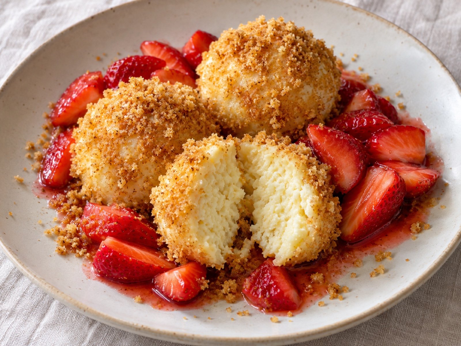 Topfenknödel mit Butterbröseln und Erdbeeren