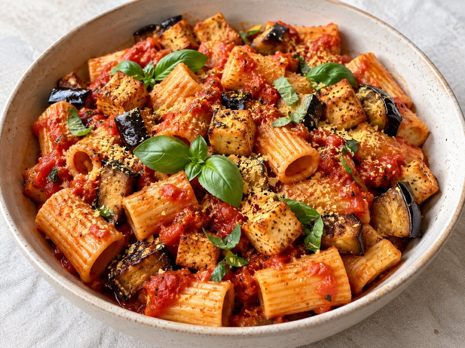 Rigatoni alla Norma mit würzigem Tofu