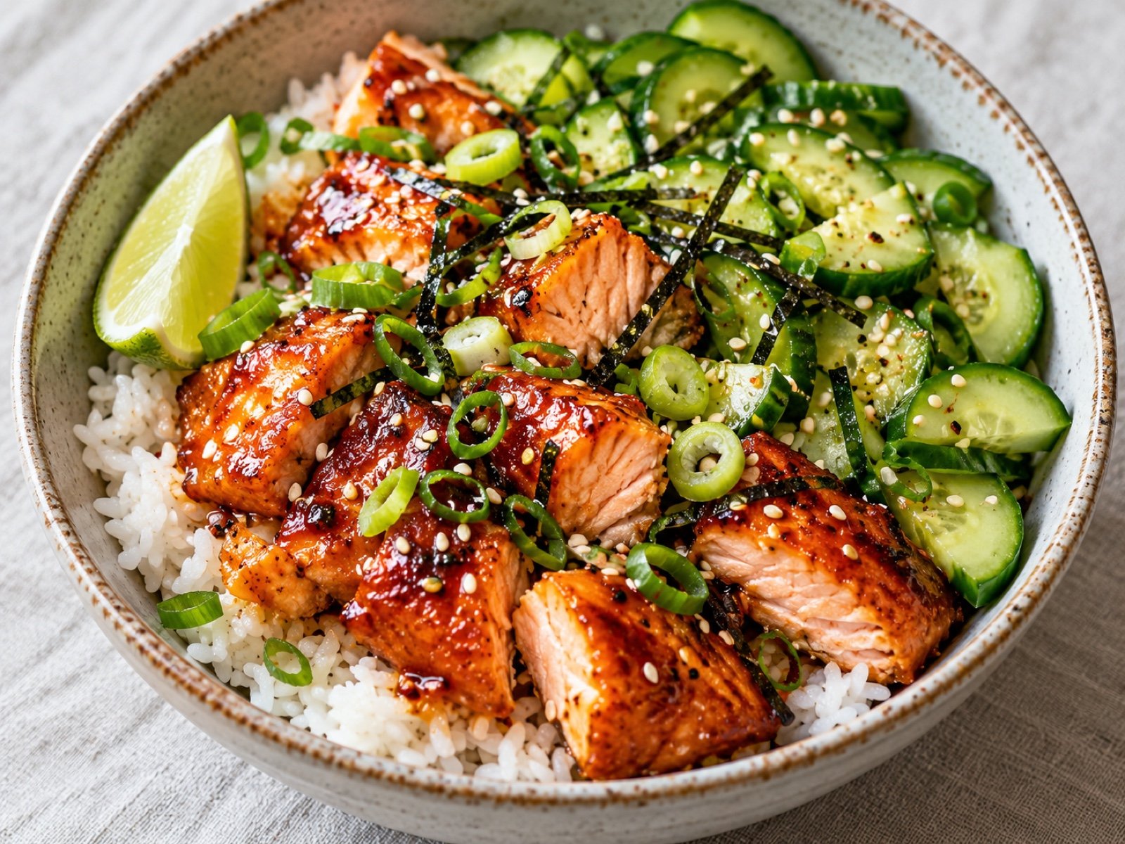 Gochujang-Lachs-Donburi mit Gurke und Sesam