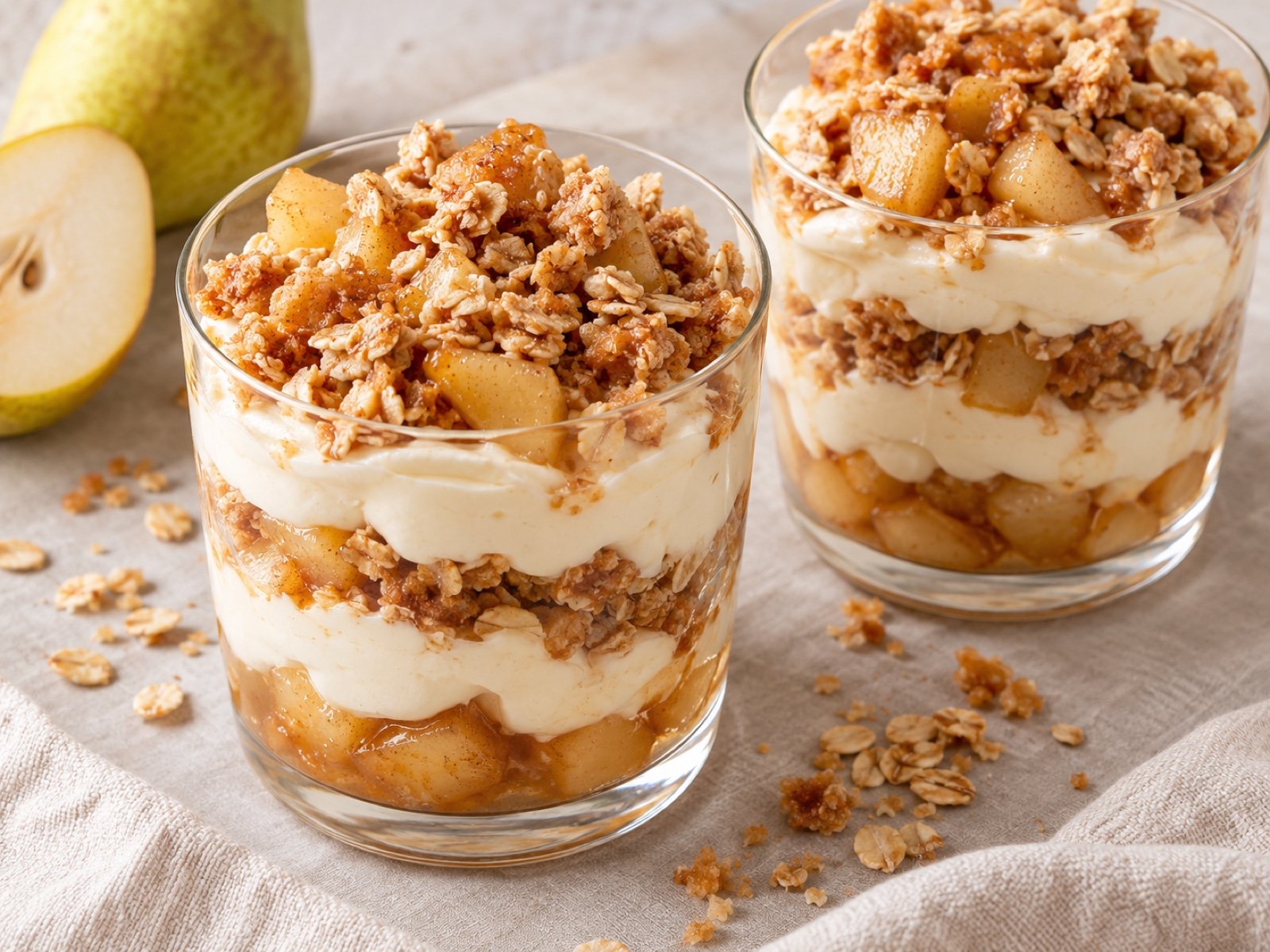 Birnen-Mascarpone-Gläser mit Haferstreuseln