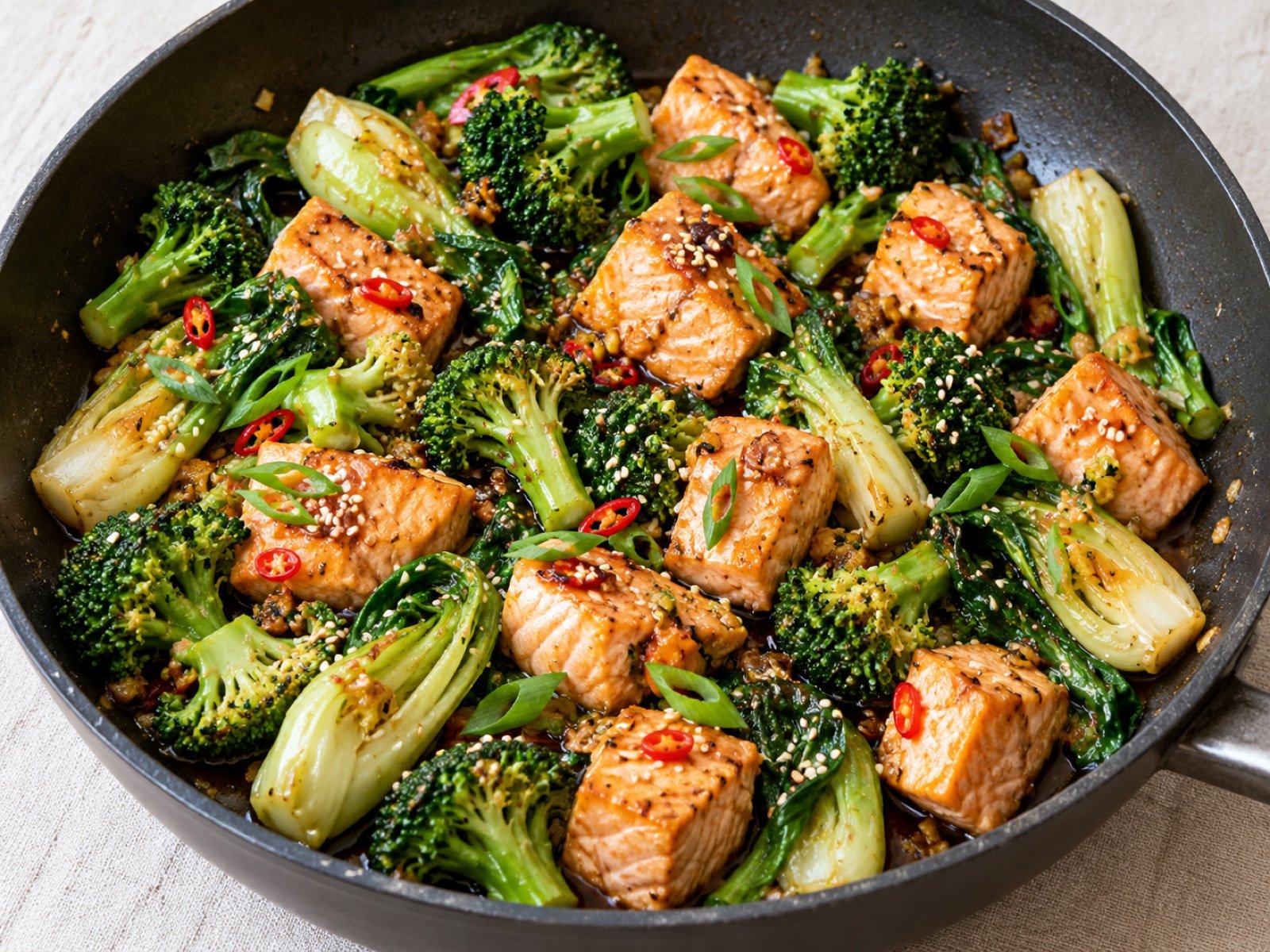 Sesam-Lachs-Pfanne mit Brokkoli, Pak Choi und Ingwer-Sojasauce
