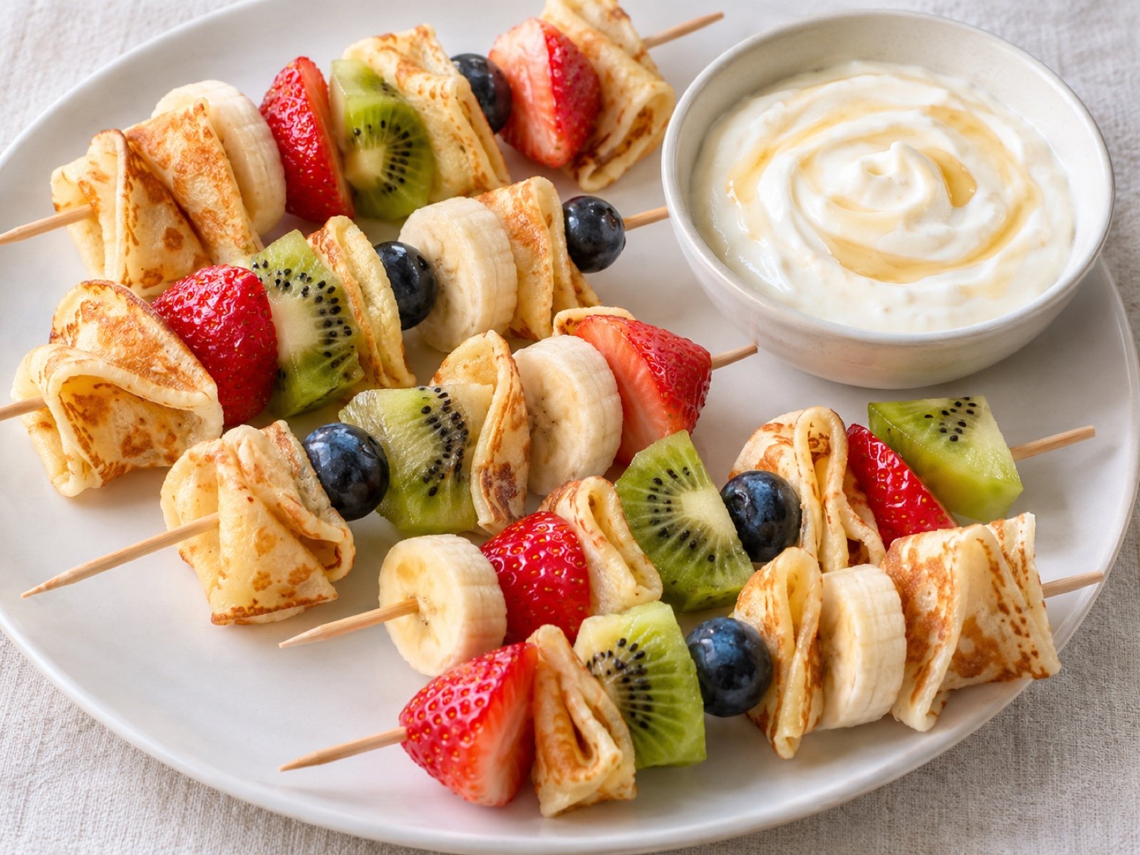 Bunte Pfannkuchen-Spieße mit Obst und Quark-Dip