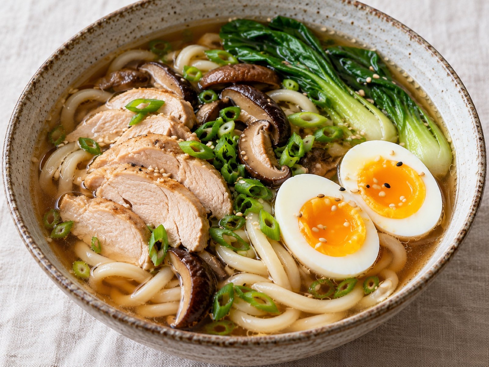 Japanische Udon-Suppe mit Hähnchen und Shiitake