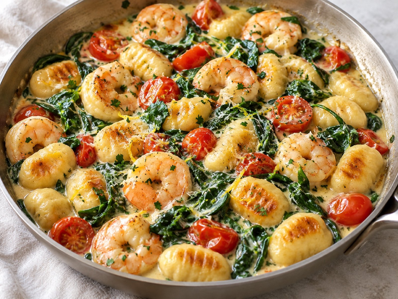 Garnelen-Gnocchi-Pfanne mit Spinat, Kirschtomaten und Zitronen-Sahne