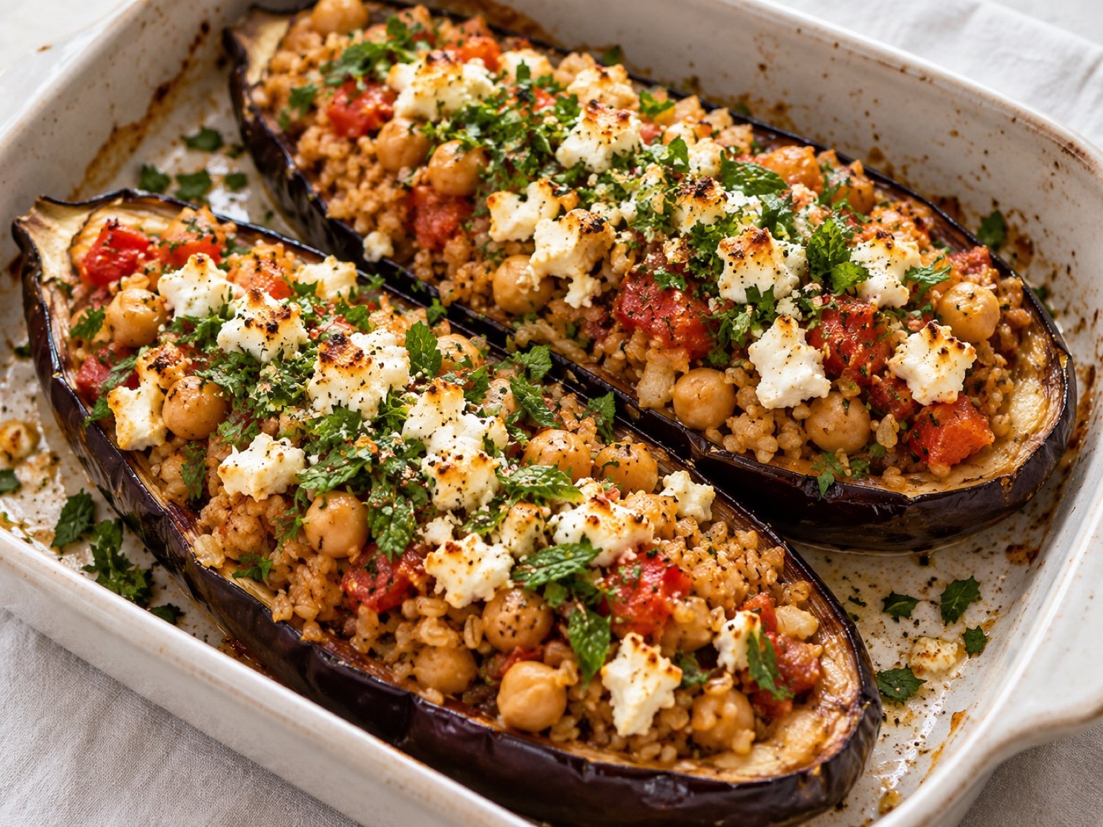 Gefüllte Auberginen mit Bulgur, Kichererbsen und Feta