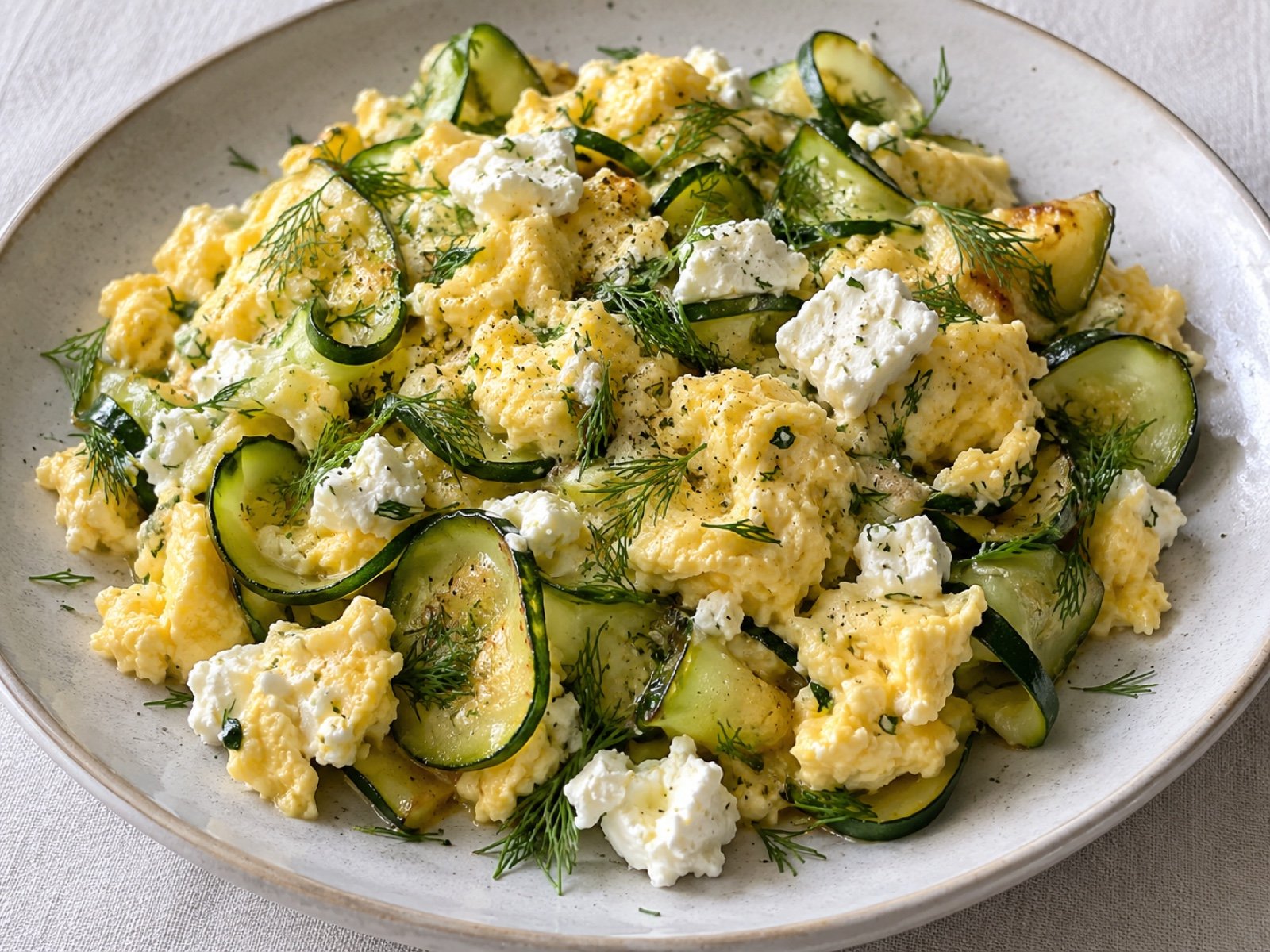 Zucchini-Rührei mit Ziegenfrischkäse und Dill
