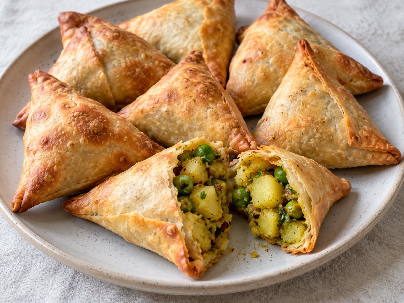 Ofen-Samosas mit Kartoffel-Erbsen-Füllung und grüner Chili