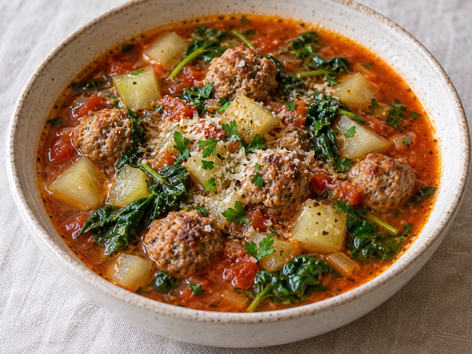 Hackbällchen-Suppe mit Kohlrabi und Spinat