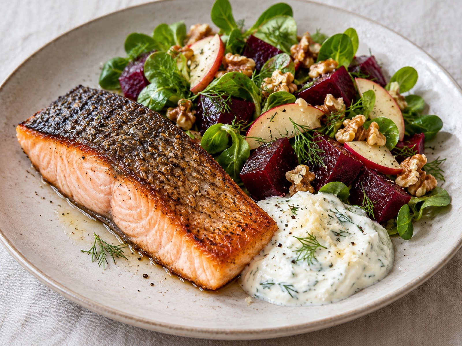 Knusprig gebratener Lachs mit Rote-Bete-Salat und Meerrettich-Dill-Joghurt