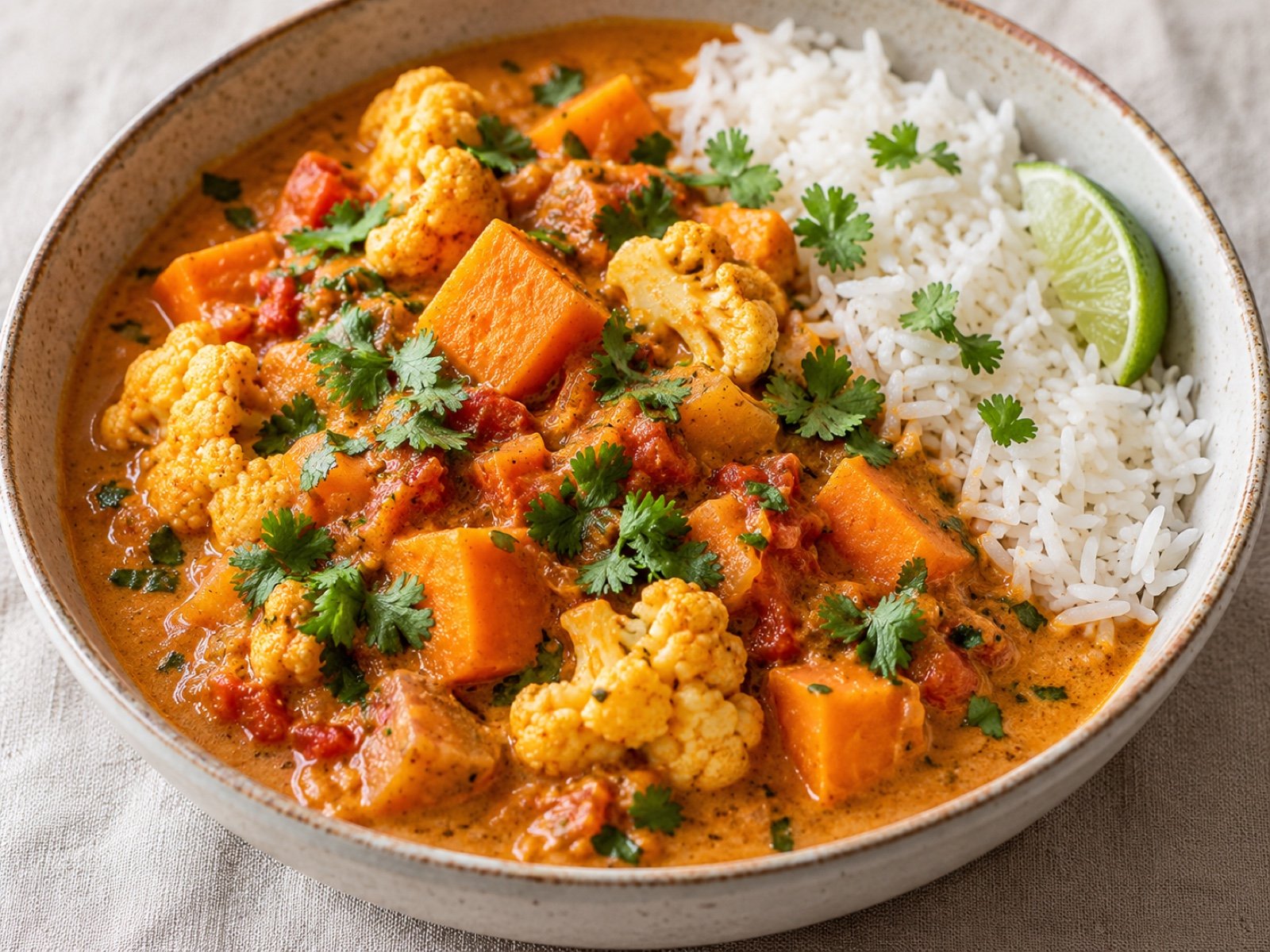 Süßkartoffel-Blumenkohl-Curry mit Tomate und Koriander
