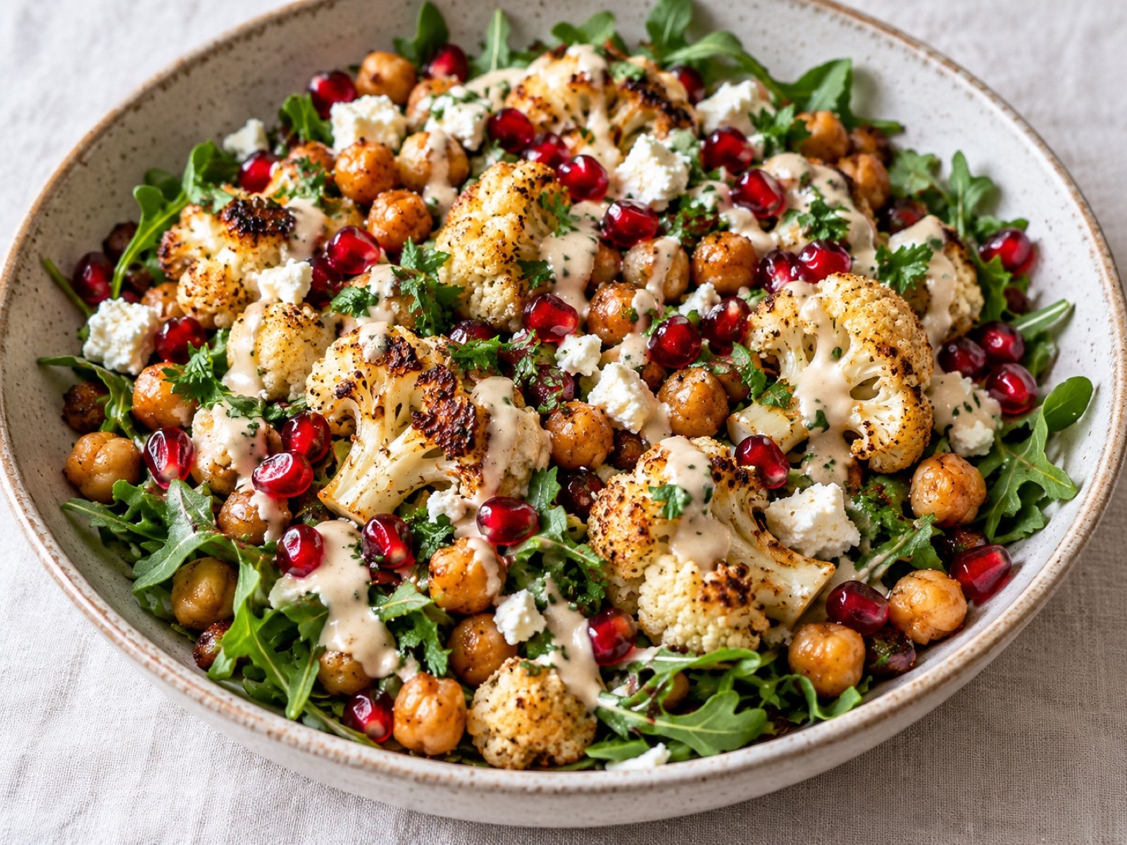 Lauwarmer Blumenkohl-Salat mit Kichererbsen, Granatapfel und Tahin-Zitronen-Dressing