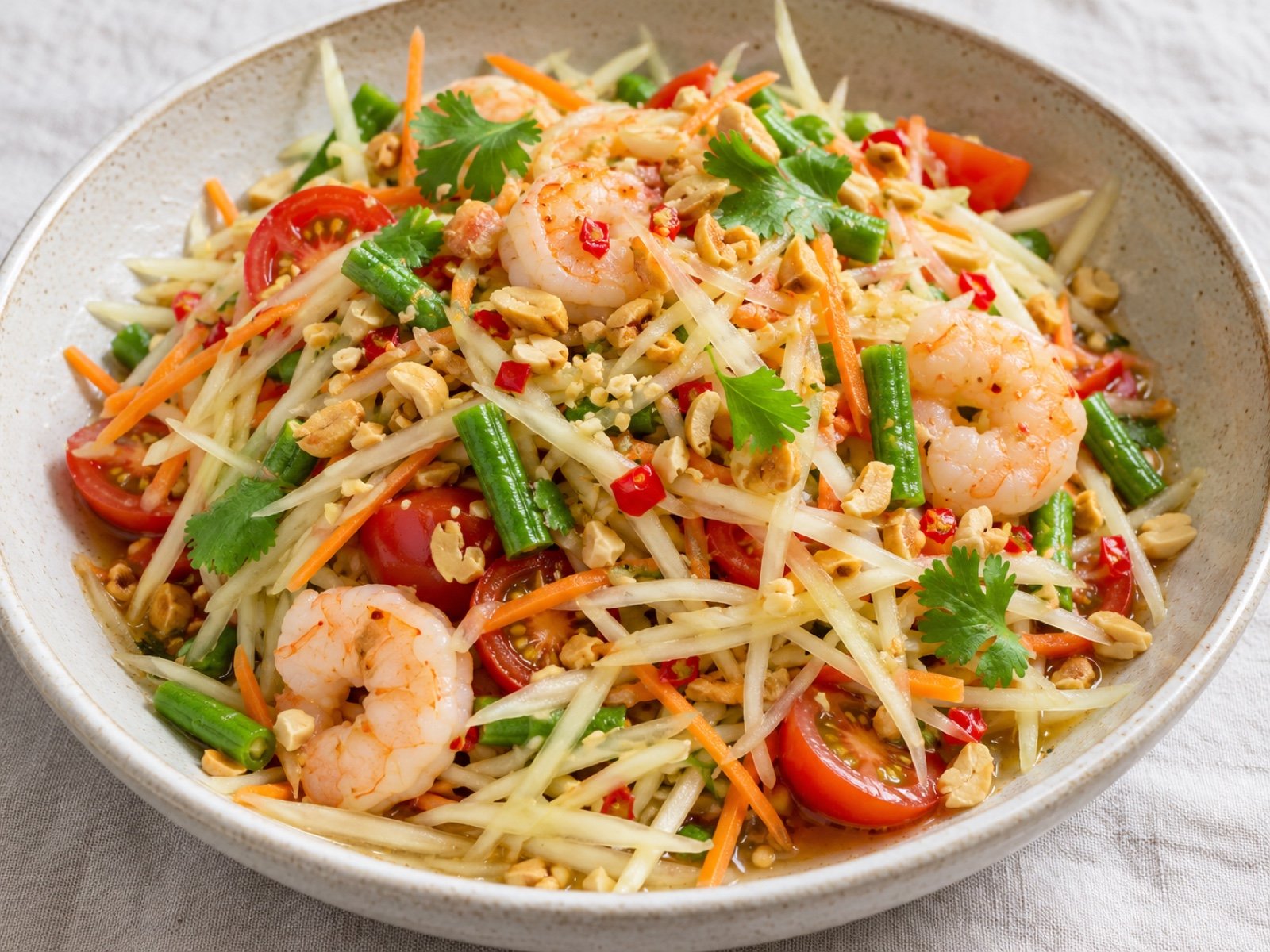 Thailändischer Som Tam mit Garnelen und Erdnüssen