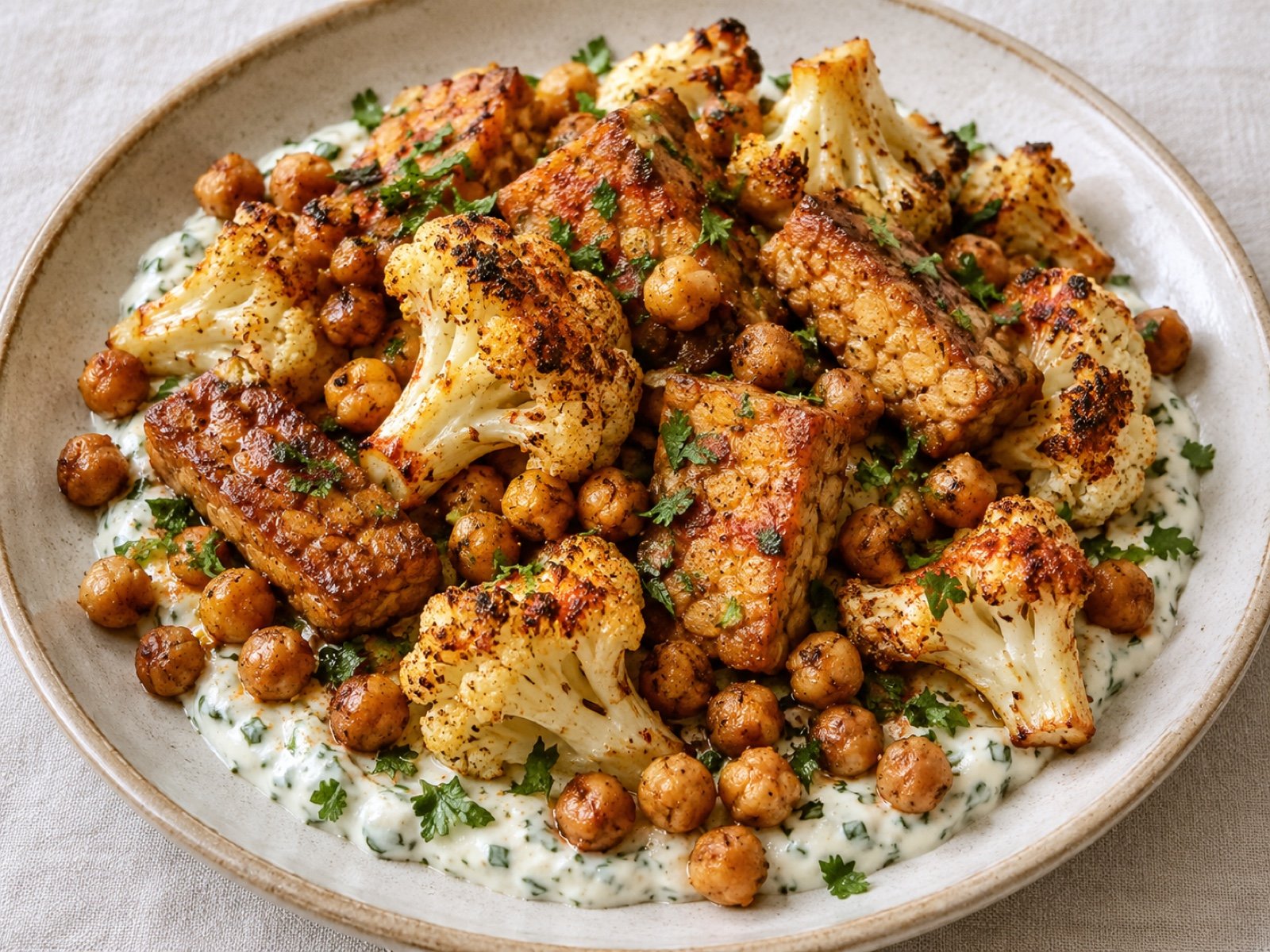 Ofen-Blumenkohl mit Kichererbsen, Tempeh und Kräuter-Sojajoghurt