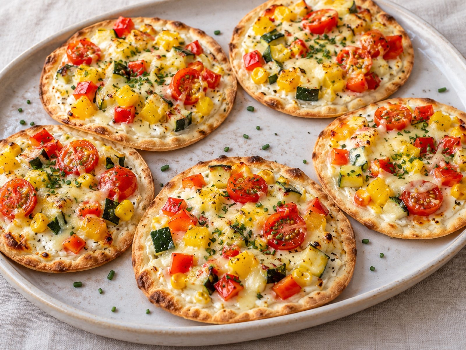 Bunte Flammkuchen-Taler mit Gemüse und Gouda