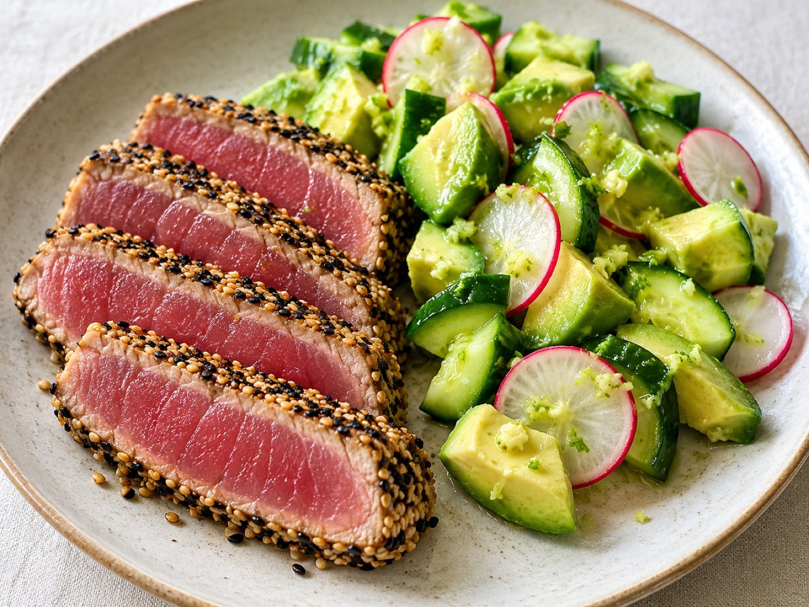 Sesam-Thunfisch mit Limetten-Gurken-Avocado-Salat