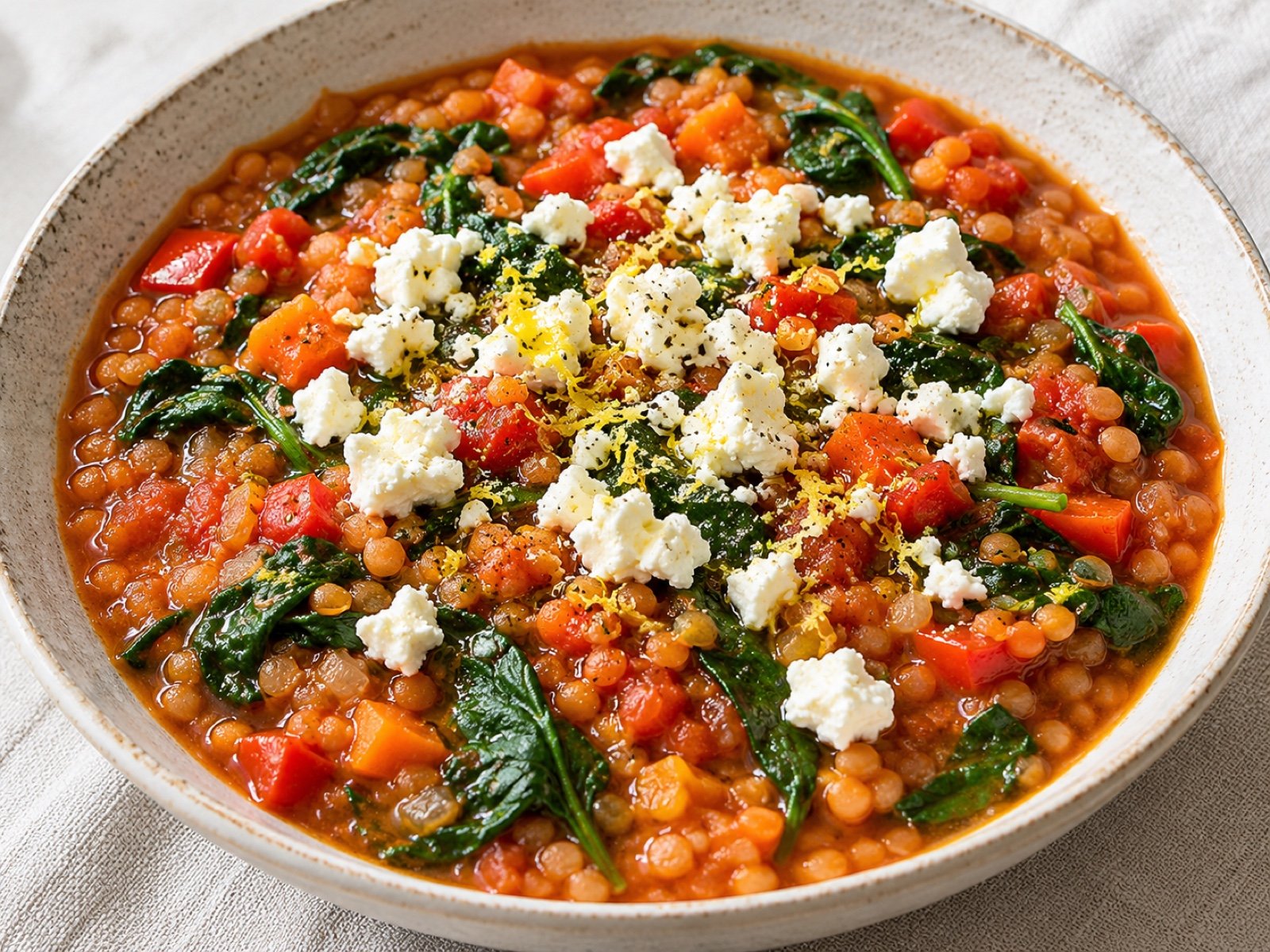 Rote-Linsen-Eintopf mit Spinat, Tomate und Feta