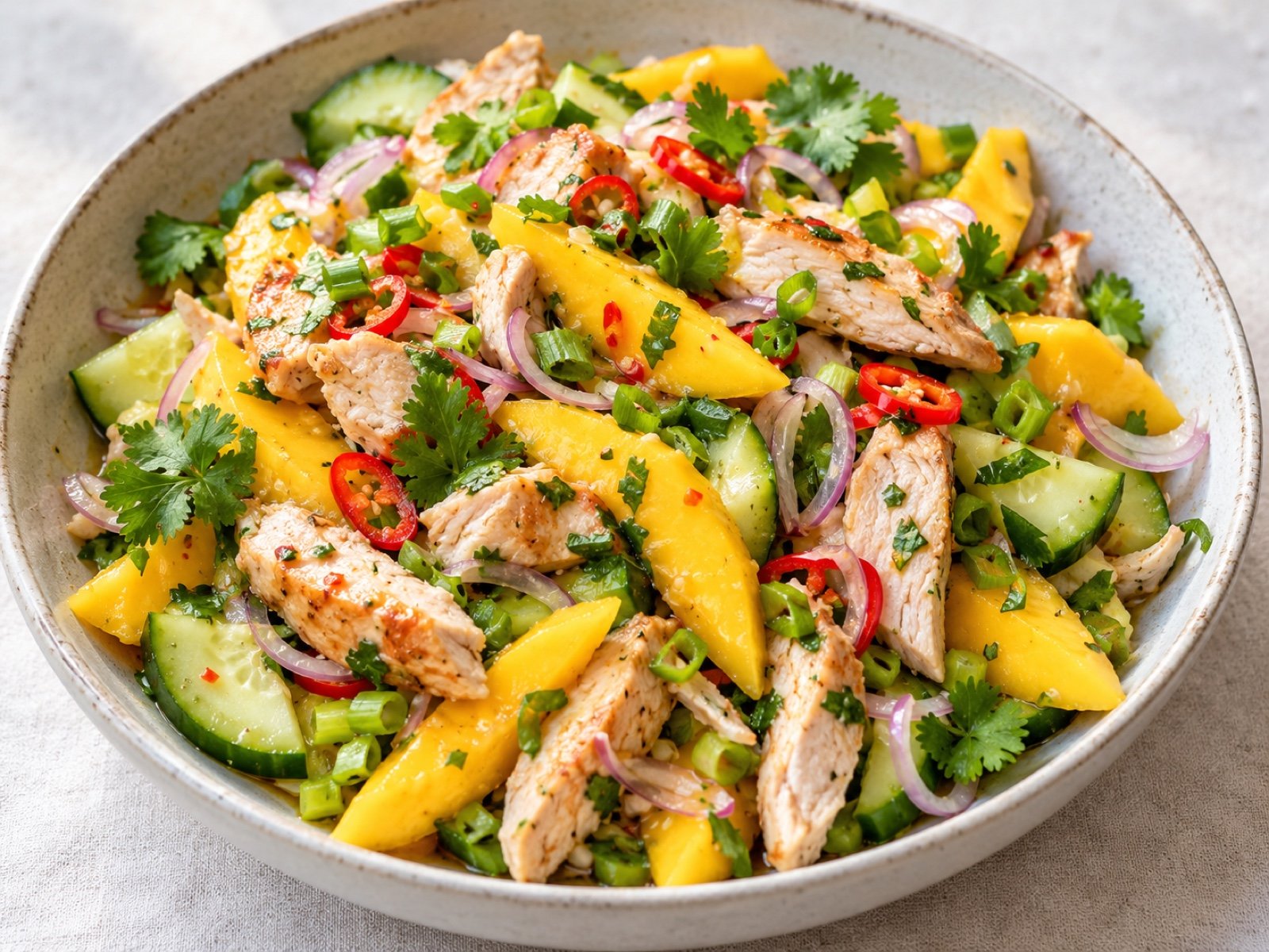 Thailändischer Mango-Hähnchen-Salat mit Limette und Chili
