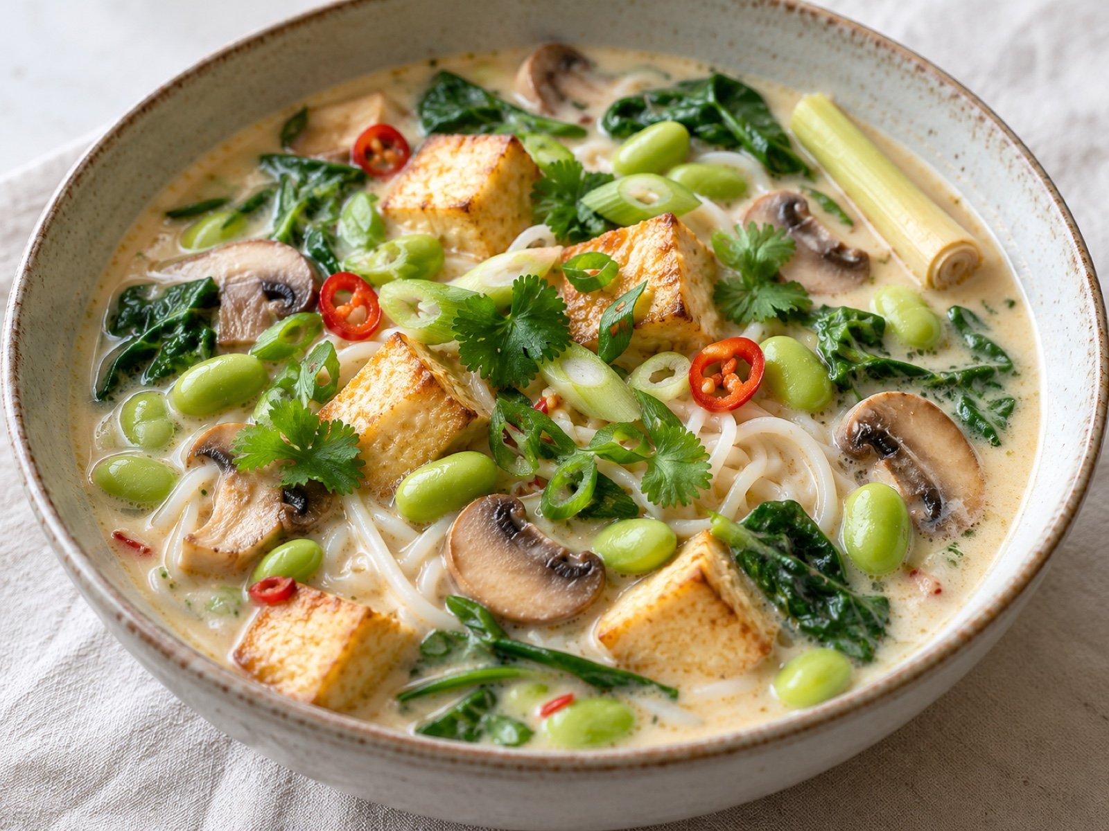 Thai Coconut Soup with Tofu, Edamame and Mushrooms