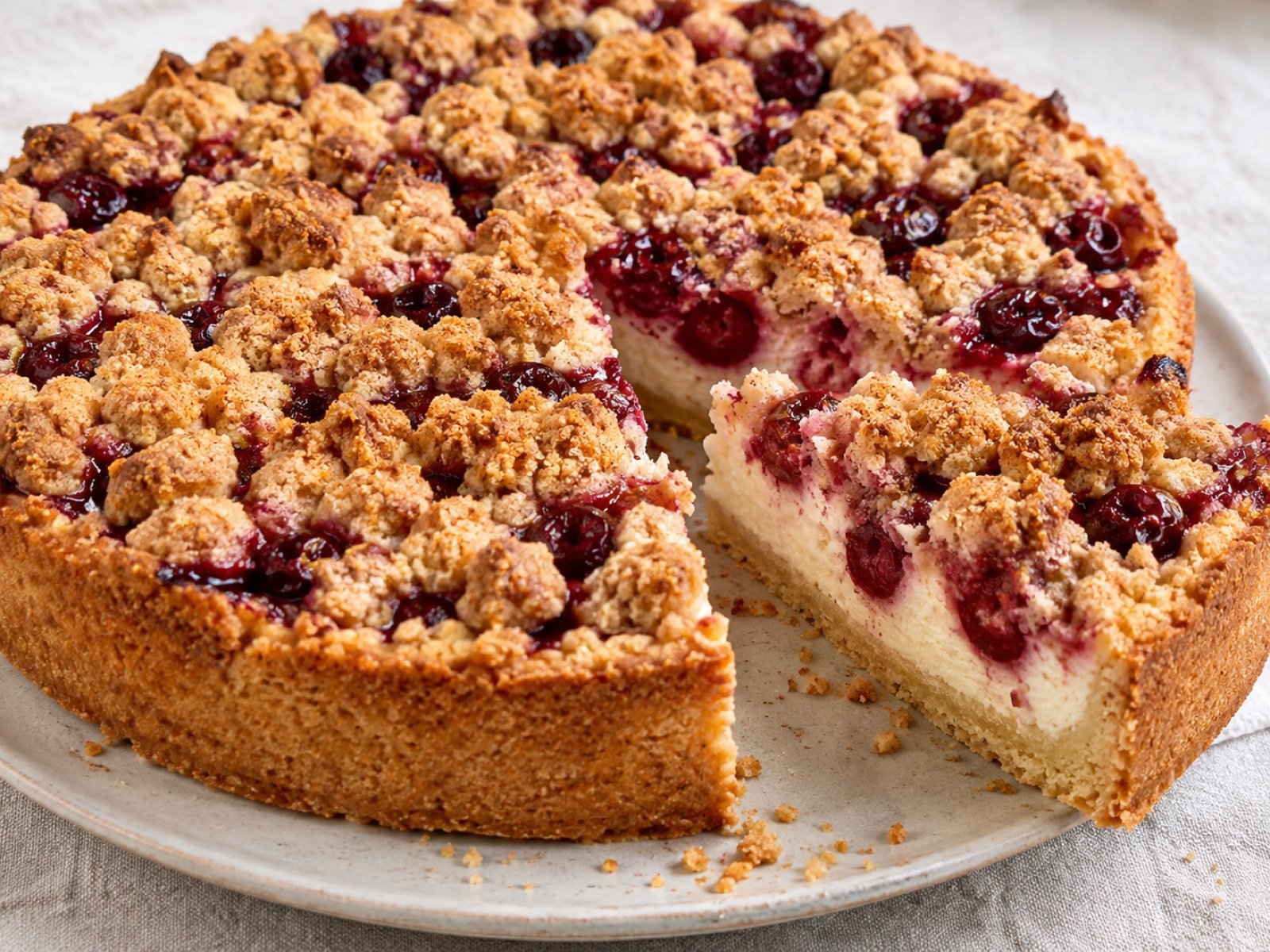 Sauerkirsch-Quarkkuchen mit Zimtstreuseln
