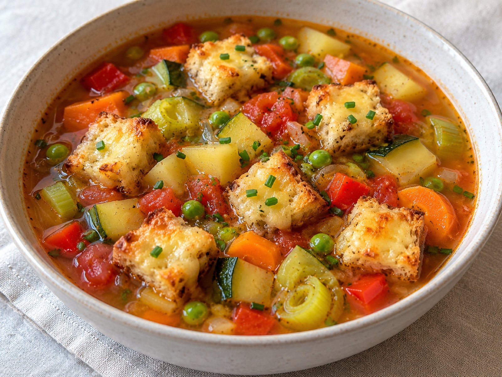 Bunte Gemüsesuppe mit Gouda-Croûtons