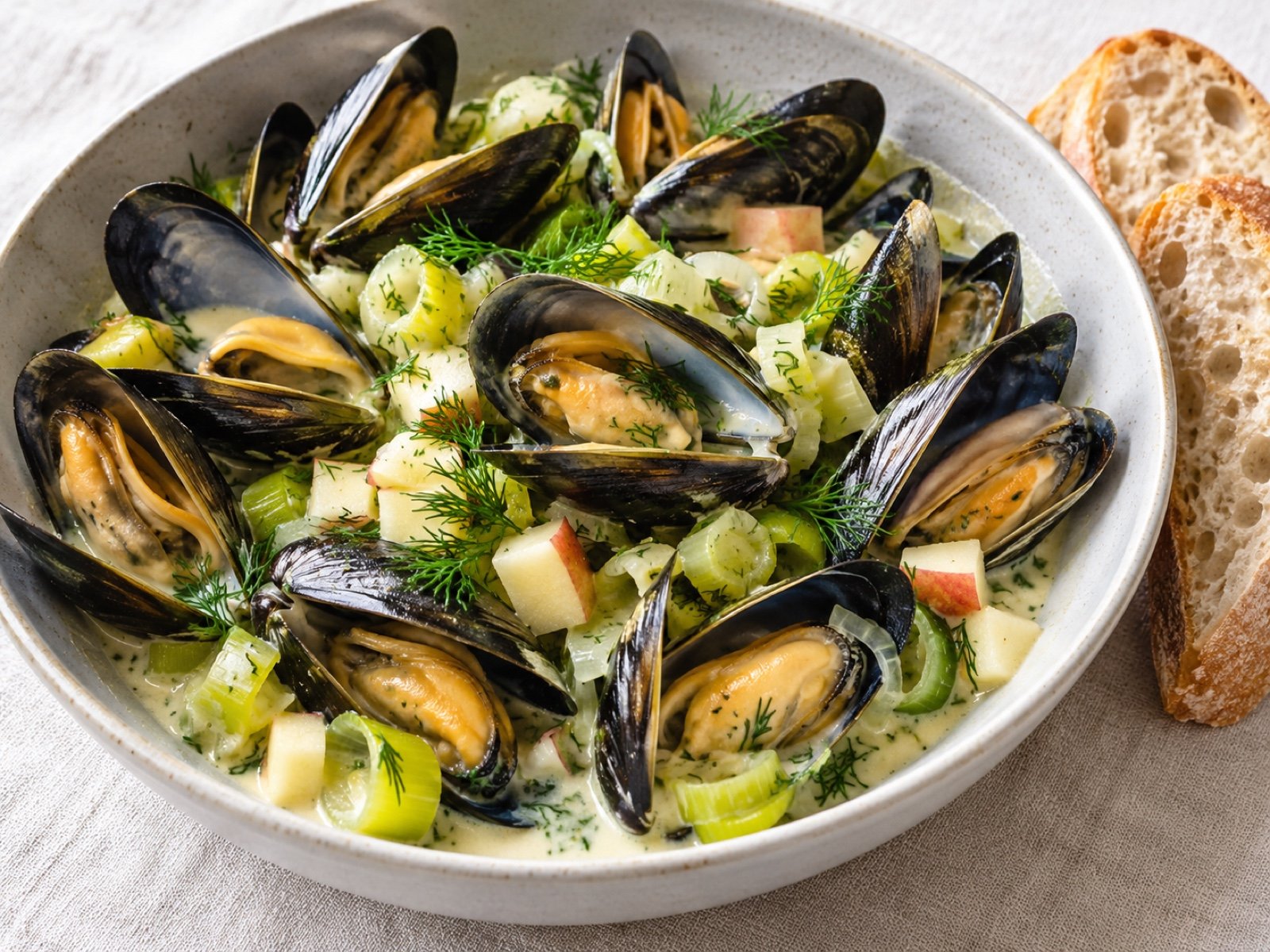 Miesmuscheln mit Lauch, Apfel und Dill in Sahnesud