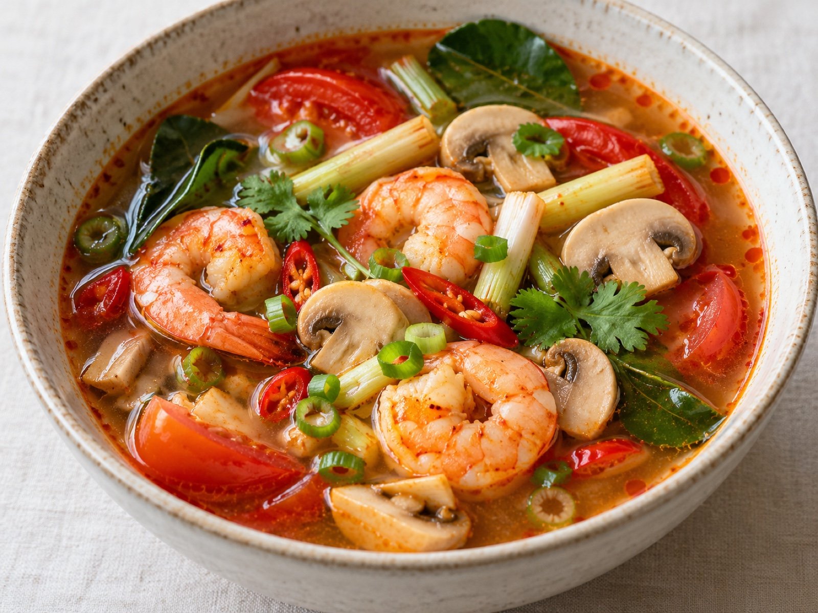 Scharfe thailändische Garnelensuppe mit Zitronengras und Chili