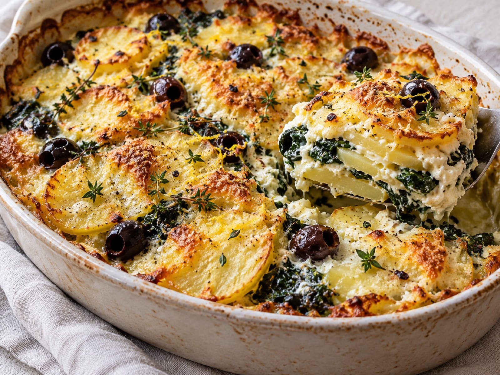 Kartoffel-Spinat-Gratin mit Ricotta, Oliven und Thymian