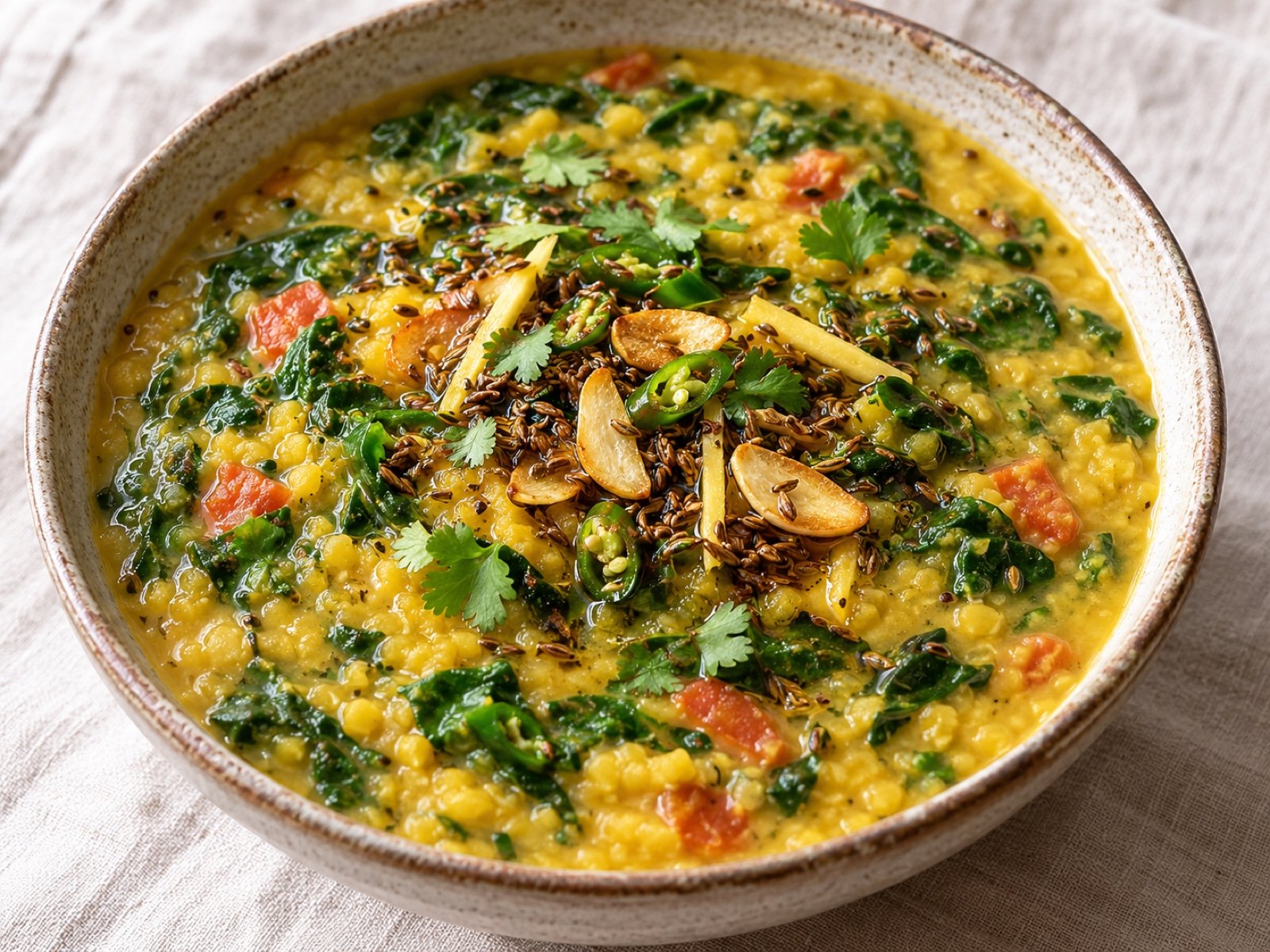 Grünes Mungbohnen-Dal mit Spinat und Ingwer-Kreuzkümmel-Tadka