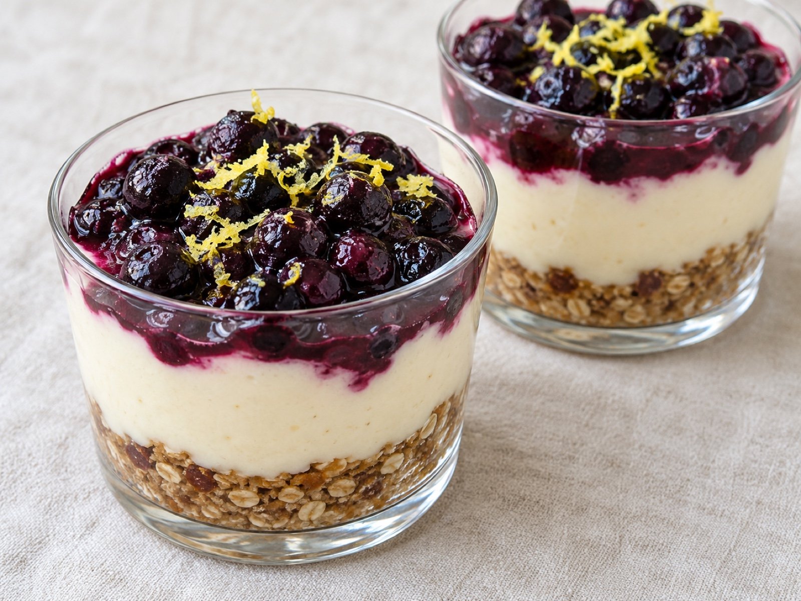 Zitronen-Tofu-Creme mit Heidelbeeren auf Haferboden