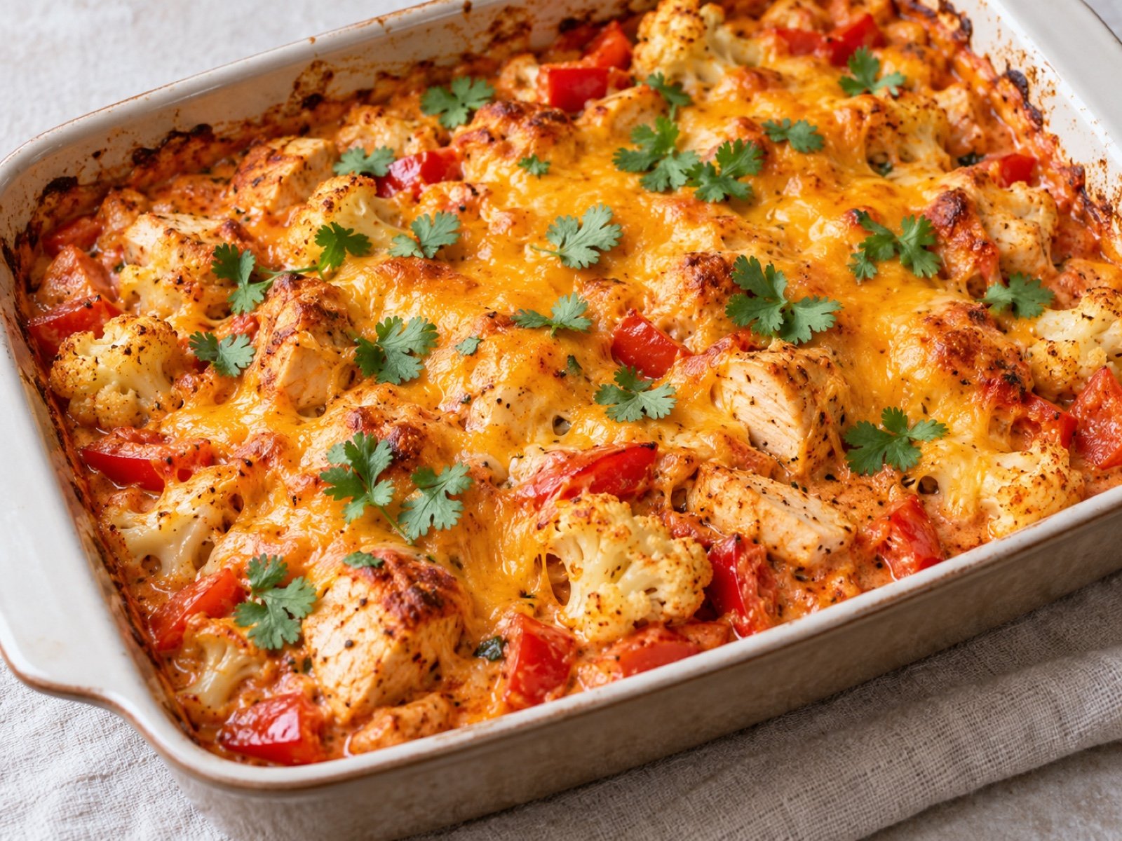 Mexikanischer Hähnchen-Blumenkohl-Auflauf mit Paprika und Cheddar