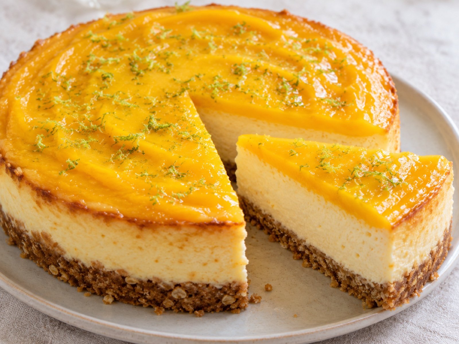 Mango-Limetten-Cheesecake mit Haferkeksboden