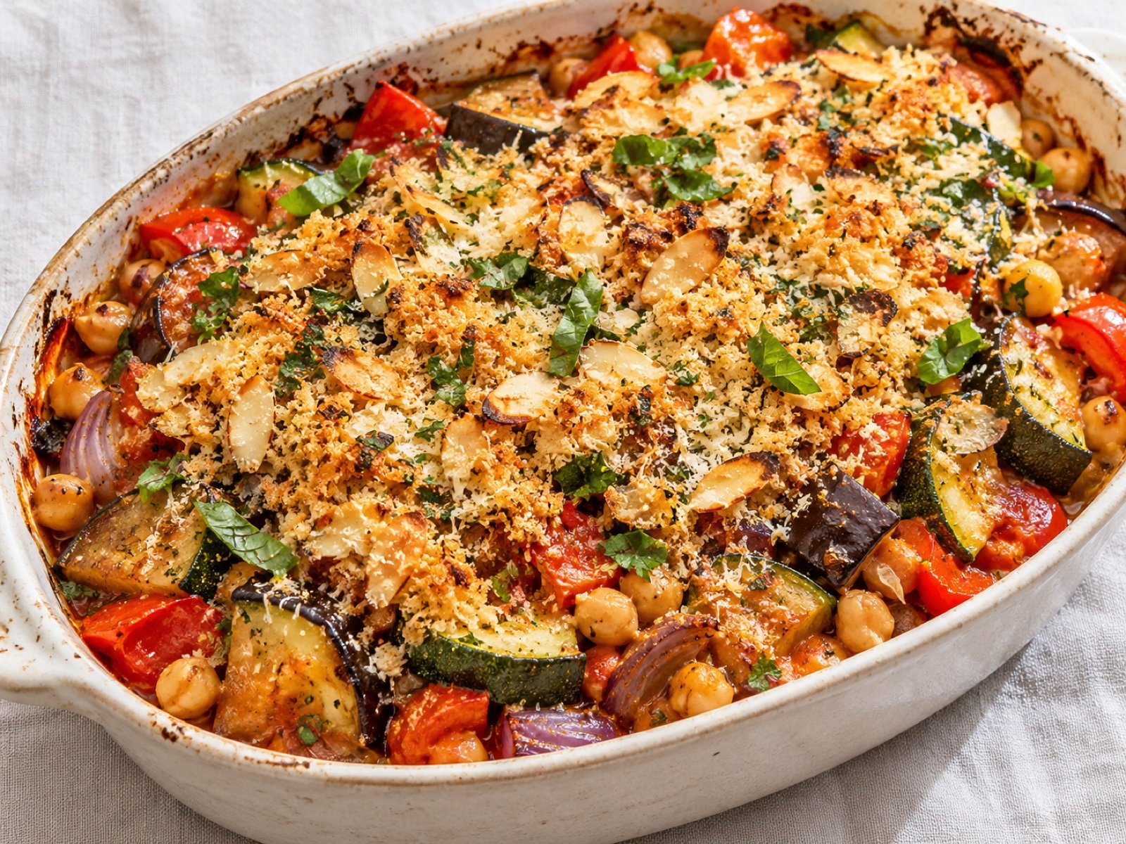Ofen-Ratatouille mit Kichererbsen und Mandel-Parmesan-Kruste