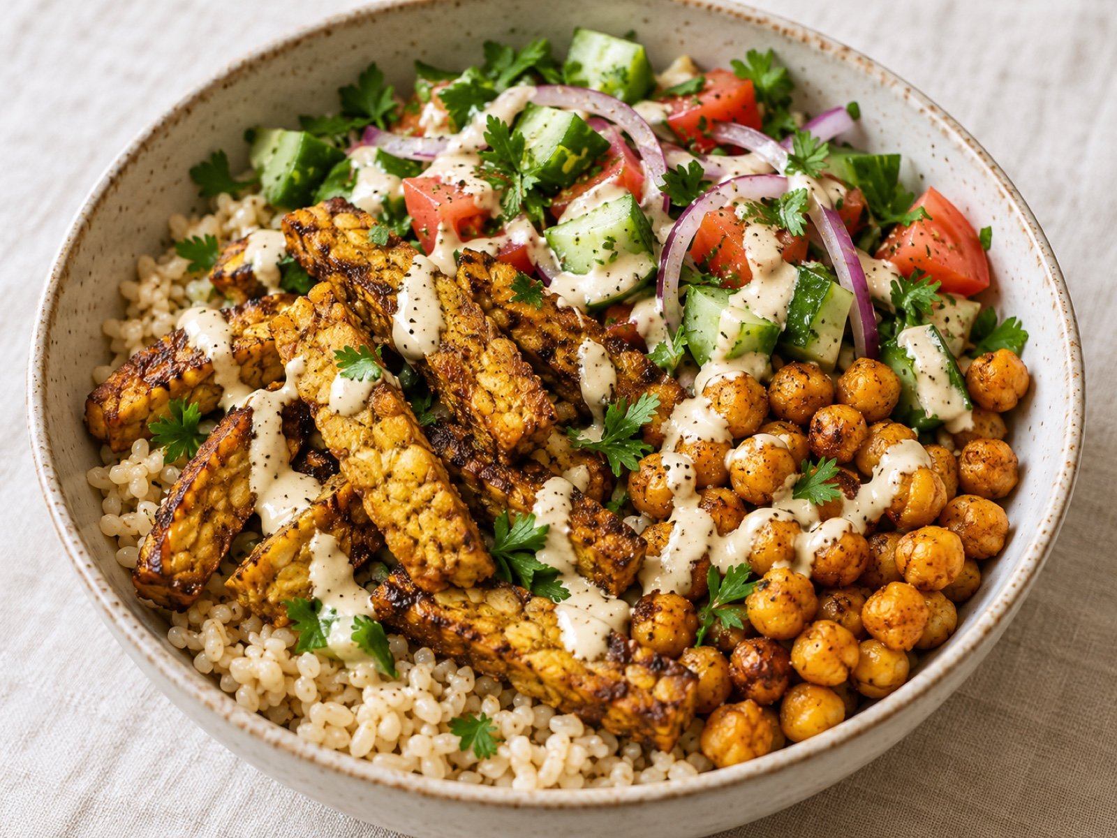 Tempeh-Shawarma-Bowl mit Kichererbsen und Tahin-Dressing