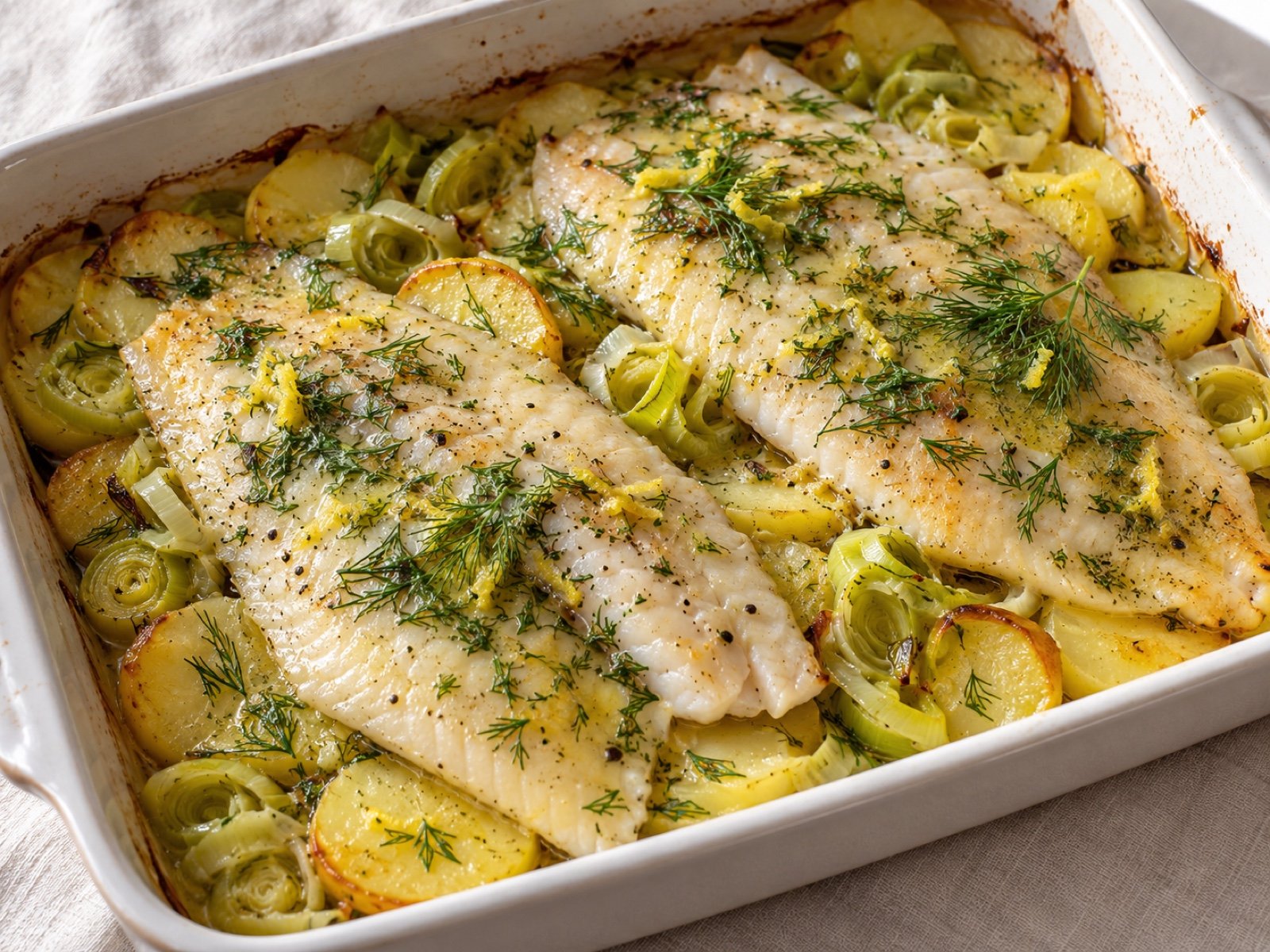 Ofen-Scholle mit Dill-Zitronen-Butter und Lauchkartoffeln